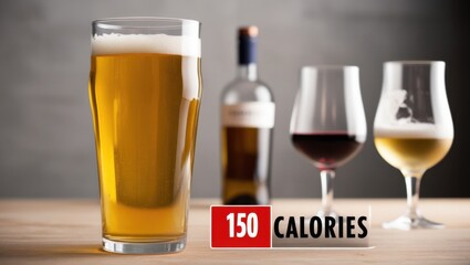 A striking visual calorie comparison of alcoholic drinks. Bold '150 Calories' text beside a clear beer glass, with wine and cocktail glasses faded in the background showing smaller calorie counts. 