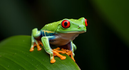 Obraz premium Vibrant Red-Eyed Tree Frog on Green Leaf