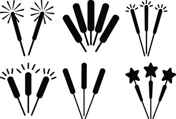 Collection of sparklers and firecrackers in various designs, black silhouette on white