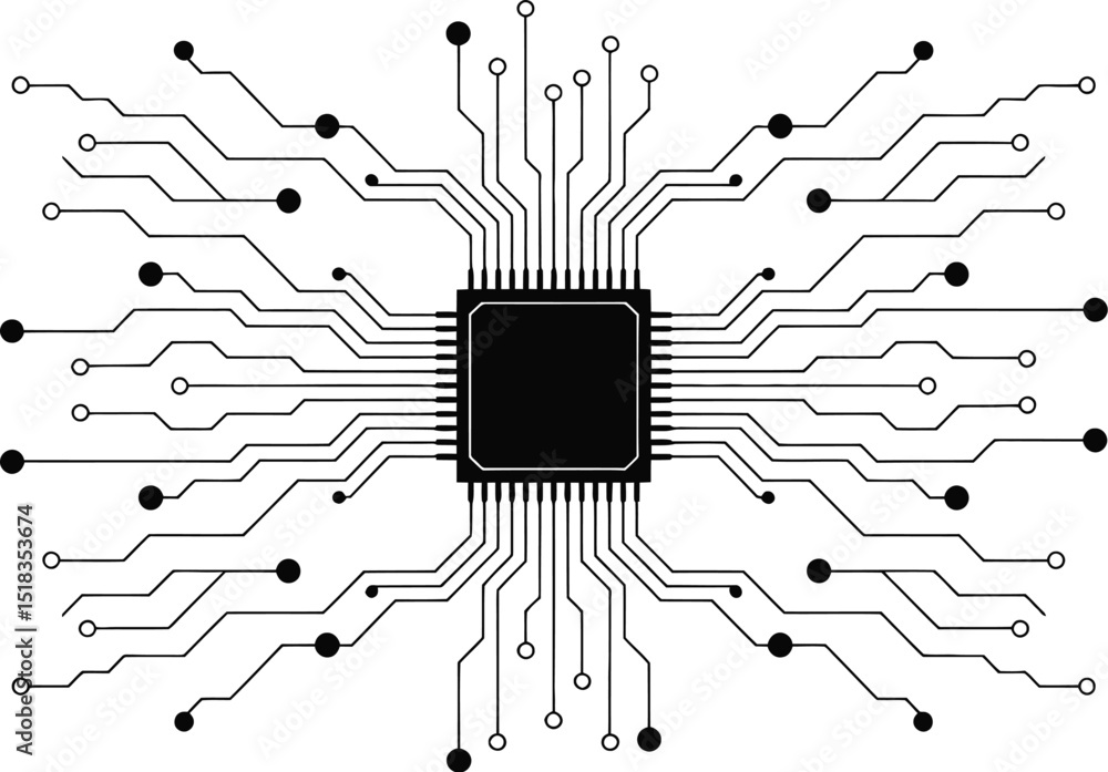Poster a central processing unit illustration with connecting lines and nodes on a white background