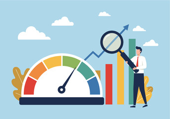 Flat vector of a business professional standing next to a speedometer-like gauge with various color segments
