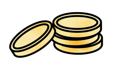 水彩テクスチャのラフに積んだ金貨