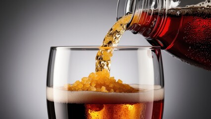 Close-up of soda being poured into a glass with glowing sugar crystals spilling alongside. Glossy fizz and subtle glow highlight the hidden calorie content in sugary drinks.