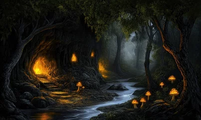 Wandcirkels Sprookjeswereld Enchanted forest cave, glowing entrance, stream, mystical night scene  © Azril
