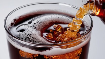 Close-up of soda being poured into a glass with glowing sugar crystals spilling alongside. Glossy fizz and subtle glow highlight the hidden calorie content in sugary drinks.