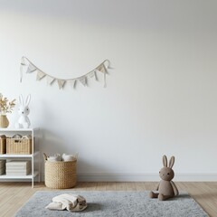 Blank White Wall Mockup in Minimalist Nursery or Kids Room with Bunting