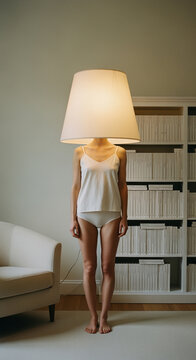 Woman with Lamp Shade on Head, Minimalist Interior
