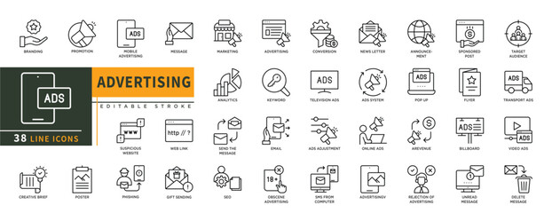 Minimalist Advertising line icons set with editable stroke, featuring branding, promotion, mobile advertising, message, marketing, conversion, news letter, keyword, analytic. thin linear illustration.