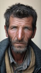 Obraz premium Portrait of an elderly man with deep-set eyes and a rugged beard against a neutral background