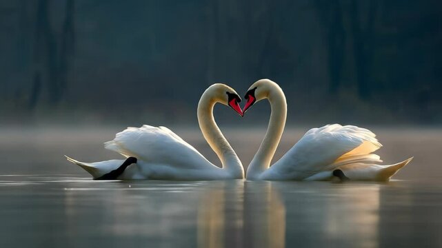 Two elegant swans meet forming a heart shaped silhouette reflected in tranquil water at dusk