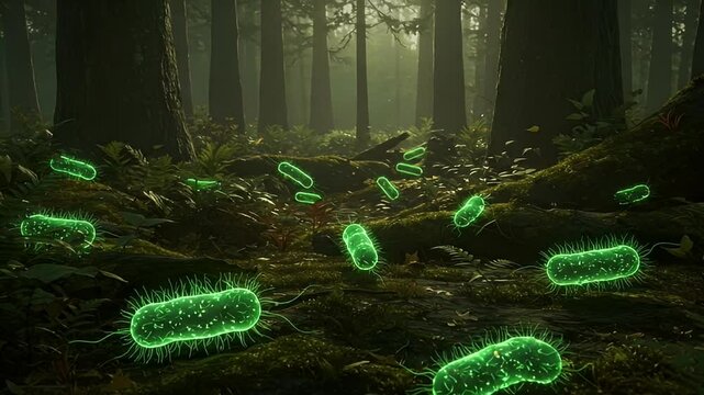 Glowing Microbes on Forest Floor with Dense Green Moss and Soft Sunlight Filtering Through Tall Trees Backdrop in Natural Environment