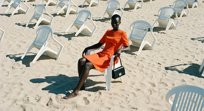 Woman in Orange Dress Sitting on Beach Chair Amongst Many Empty Chairs