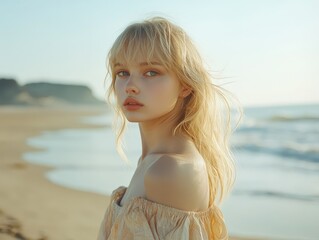 a realistic blonde Russian 20 years old woman standing in the beach