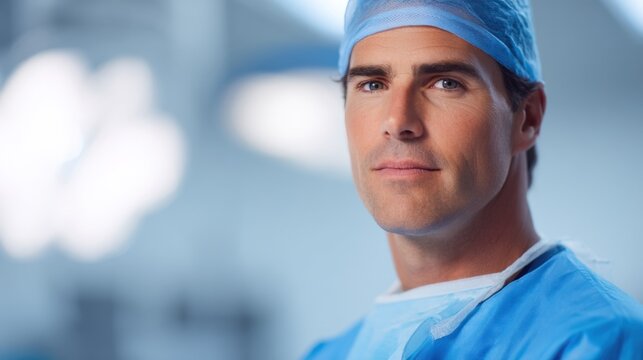 Surgeon in surgical scrubs at a hospital preparing for a procedure in a well-lit operating room during daytime