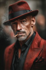 Stylish man in red suit and hat smokes a cigarette outdoors during an urban event in the evening