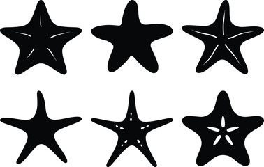 Six unique black starfish silhouettes in a pattern against a white background