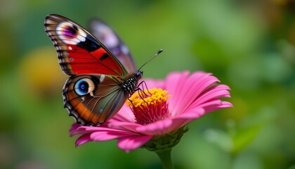 Peacock Butterfly on Pink Zinnia Flower: A Vibrant Macro Close-Up