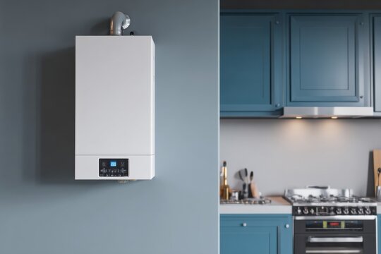 Modern kitchen features a wall-mounted boiler and sleek cabinetry in a stylish home setting during daytime hours
