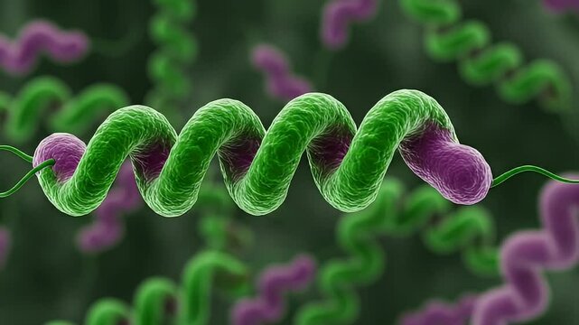 Green and Purple Spirilla Bacteria Renderings Displayed on a Gray Background with Intricate Detail in a Scientific Microscope Illustration