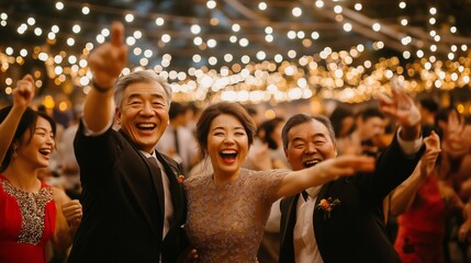 Guests are joyfully celebrating at a wedding reception, surrounded by twinkling string lights. Smiles and laughter fill the air as friends and family share this special moment together