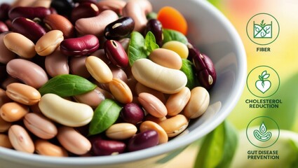 Close-up of a colorful bowl of beans, highlighting textures and variety. Soft-focus background with subtle icons for fiber, gut health, and cholesterol support emphasizes their health benefits.