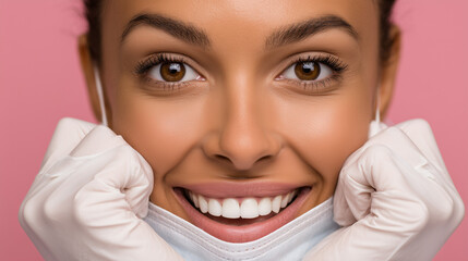 female latina dentist with surgical gloves and a mask pulled down