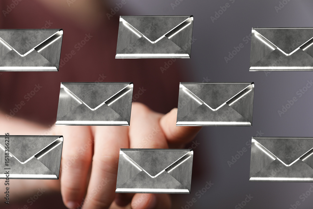 Poster Abstract image of a hand interacting with digital email icons.  Perfect for communication or technology concepts.