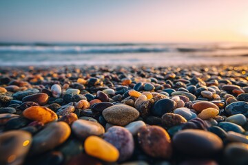 Serene Pebble Beach at Sunset: A breathtaking coastal scene, where countless smooth, colorful pebbles carpet the shore, as the setting sun casts a warm, golden hue upon the tranquil water. 