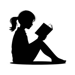 A silhouette of a girl with a ponytail sitting cross-legged while intently reading a book
