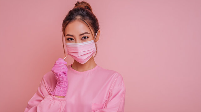 female latina dentist with surgical gloves and a mask pulled down