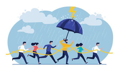 Fototapeta premium Flat Vector A group of people are running together in a storm. One man is holding an umbrella, protecting the others from the rain