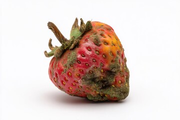 Fresh strawberry showing signs of decay and mold against a white background in a close-up view