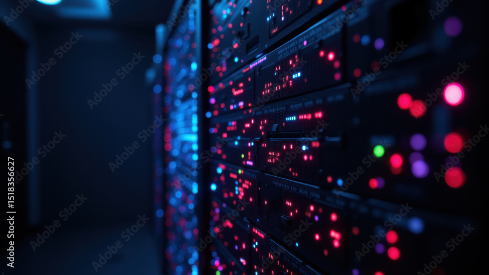 Aufkleber a server room with illuminated servers, emphasizing cybersecurity and data protection.