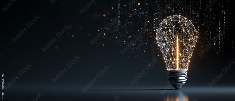 Poster digital idea: an illuminated light bulb constructed of interconnected glowing dots and lines, repres