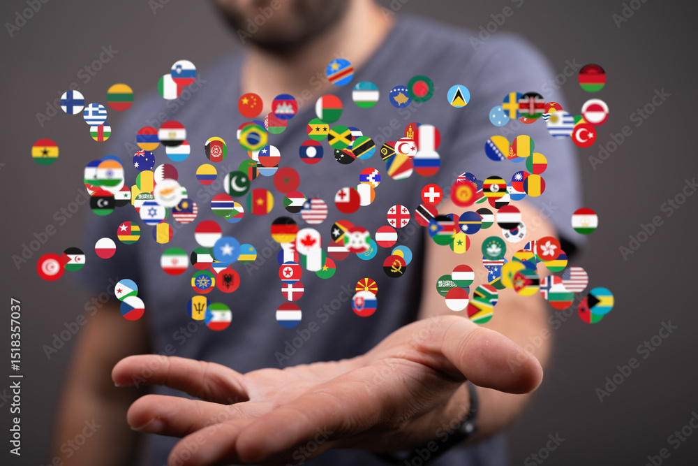 Poster image of diverse flags floating above a hand, symbolizing global connection and international collab
