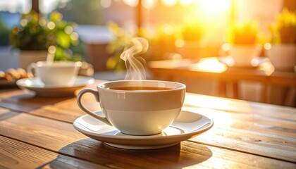 Coffee Morning: A steaming cup of coffee rests invitingly on a wooden table, radiating warmth and the essence of a serene morning, offering a moment of blissful relaxation.