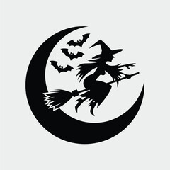 A striking silhouette illustration of a witch flying on a broomstick against a crescent moon, accompanied by bats.
