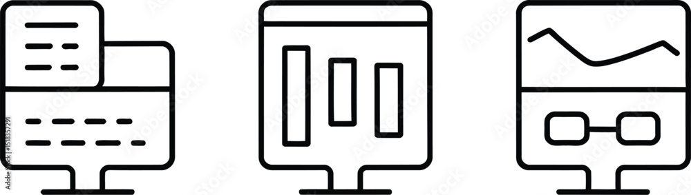 Aufkleber three computer icons displaying data charts and documents in a minimalist line art style design them
