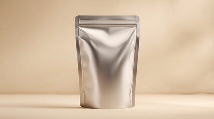 Metallic Pouch in Neutral Light: A gleaming silver metallic pouch stands upright on a light surface, its polished surface reflecting soft light.