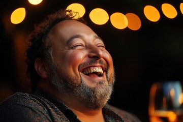 Obraz premium Joyful man laughing in a dimly lit setting with warm string lights in the background, capturing a moment of happiness