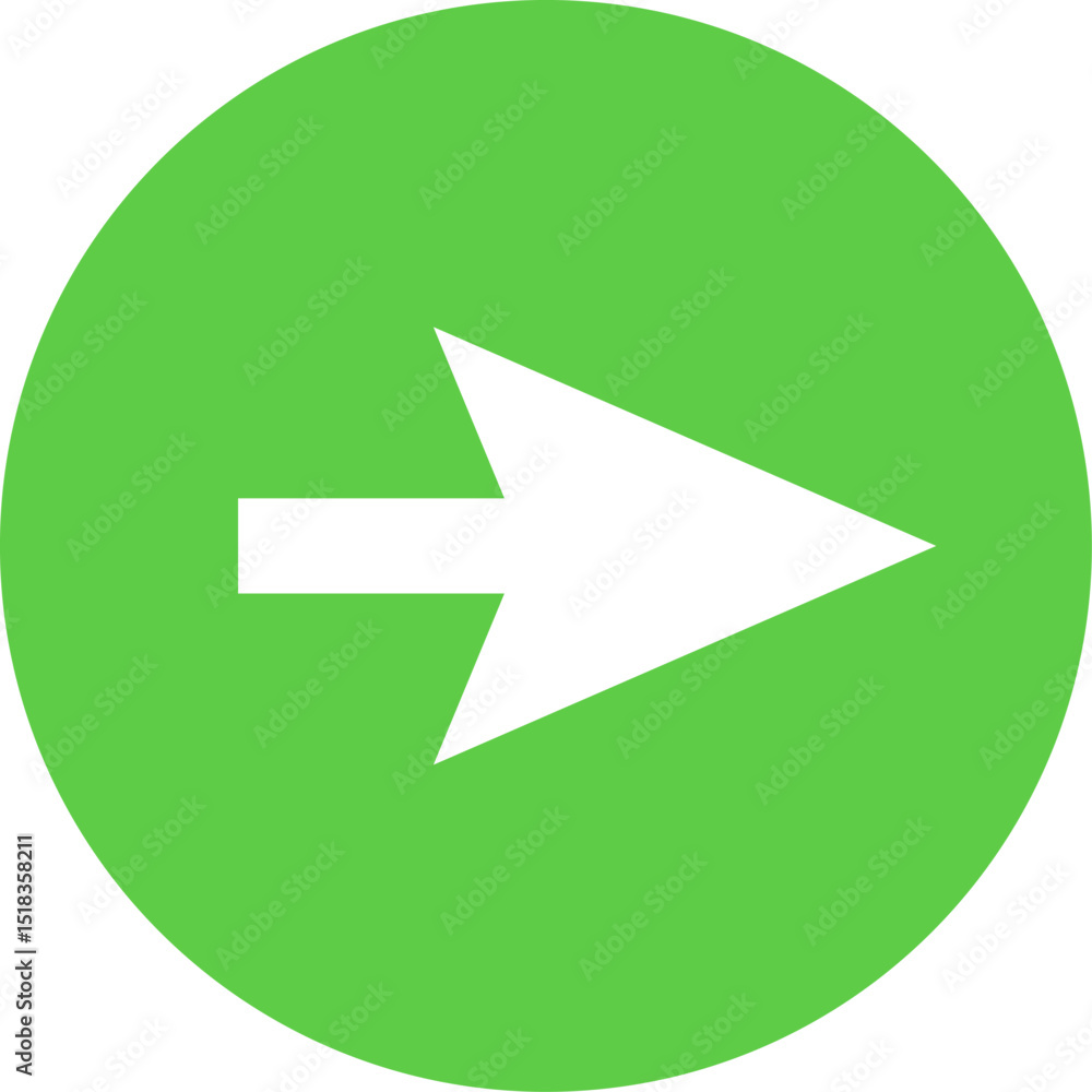 Poster white arrow pointing to the right on a green circle background, simple graphic design element ideal 