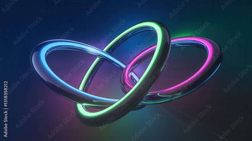Poster intersecting luminous rings with gradient hues against dark backdrop