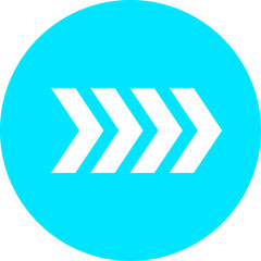 White triple arrow pointing right, symbolizing forward movement, next steps, play, or continuation, set against a vibrant turquoise circle background in a clean, flat design