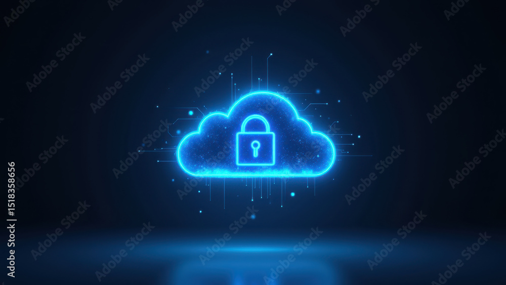 Poster a digital illustration featuring a cloud with a lock symbol above it, representing secure cloud data