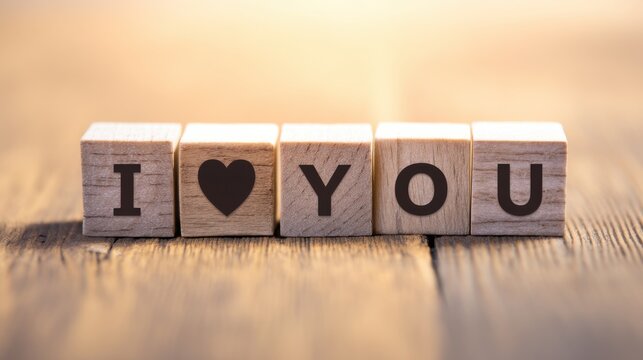 Wooden blocks arranged to convey a heartfelt message of love during golden hour in a cozy setting
