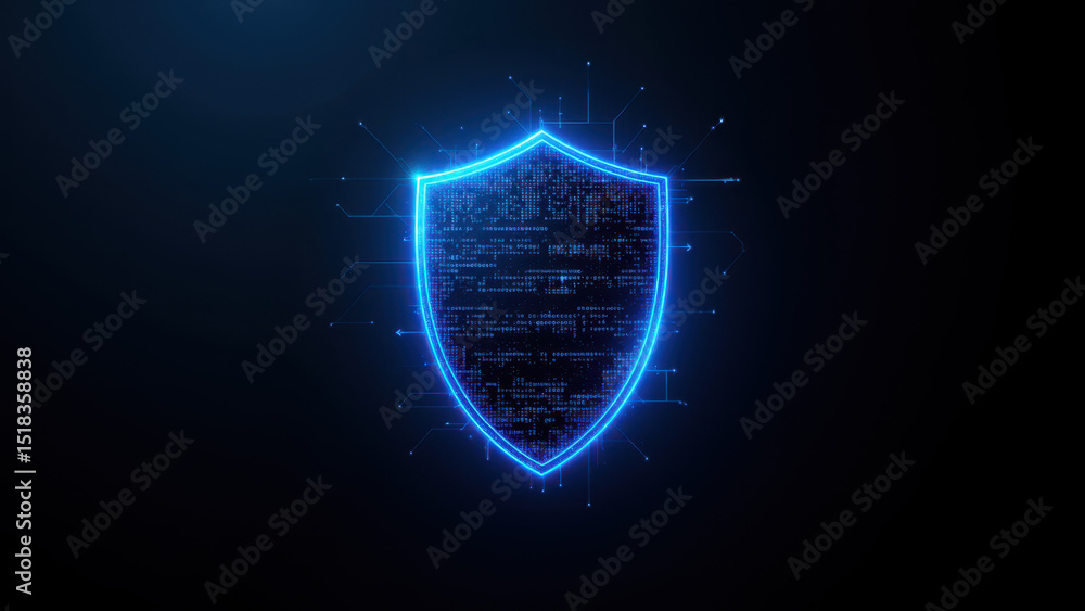 Poster a dynamic, cyber-themed shield graphic with digital elements and a futuristic design, symbolizing in