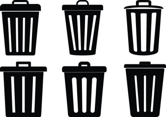 Collection of Six Black and White Garbage Can Vector Graphics on White Background