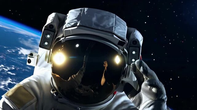 Explore Outer Space: Animated Astronaut Against Stars and Earth with Watermark. A man in a spacesuit salutes as he stands in front of the Earth.
