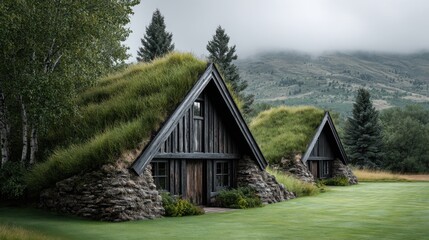Obraz premium Unique grass-roofed cabins nestled in a scenic landscape under a cloudy sky in the mountains at dawn