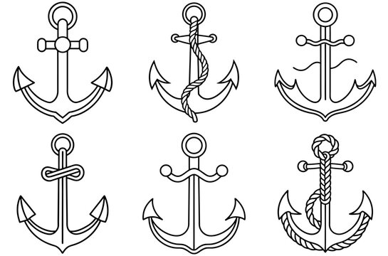 Vector set of nautical anchors in outline style for marine design and graphics